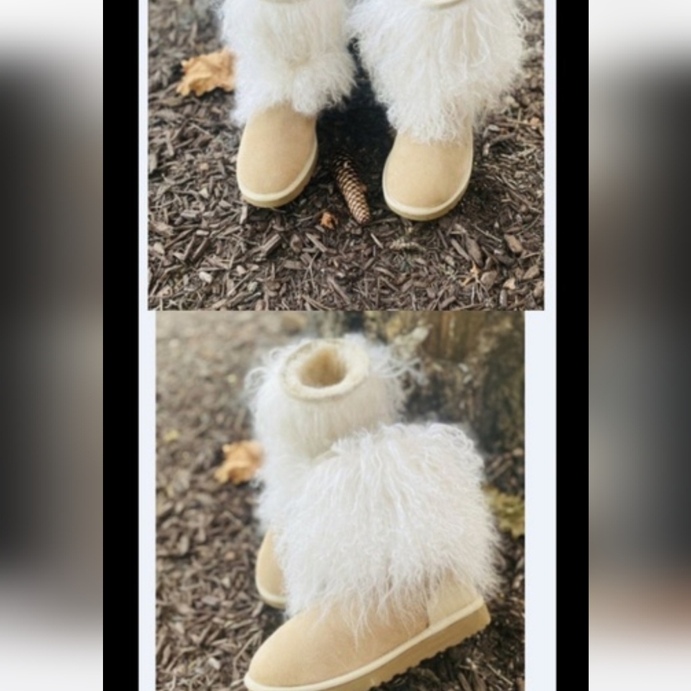 Ugg Monholian Fur Fluffy Tan and White Boots